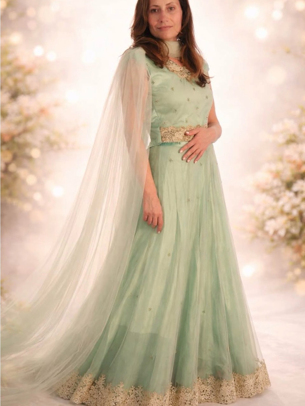 Elegant Mint Green Formal Gown with Gold Lace Trim